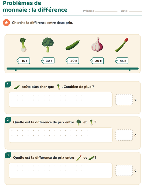 Aperçu de la fiche Compter la monnaie avec Légumes pour CE1 (cours élémentaire 1)