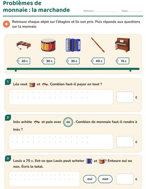 Aperçu de la fiche Compter la monnaie avec Musique pour CE1 (cours élémentaire 1)