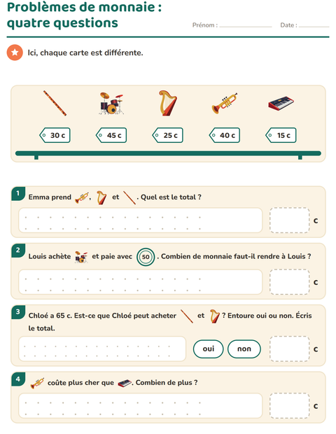 Aperçu de la fiche Compter la monnaie avec Musique pour CE1 (cours élémentaire 1)