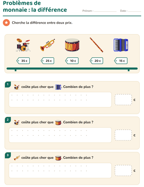 Aperçu de la fiche Compter la monnaie avec Musique pour CE1 (cours élémentaire 1)