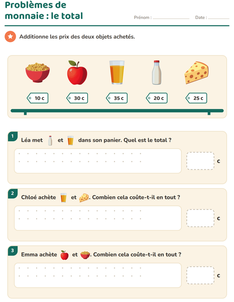 Aperçu de la fiche Compter la monnaie avec Petit-déjeuner pour CE1 (cours élémentaire 1)
