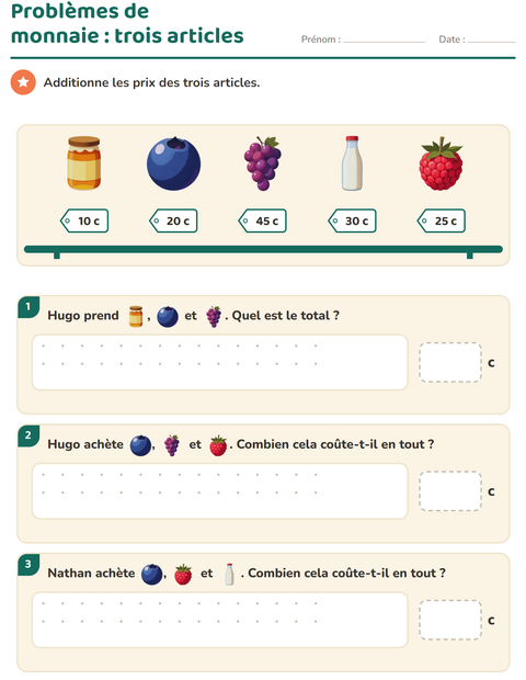 Aperçu de la fiche Compter la monnaie avec Petit-déjeuner pour CE1 (cours élémentaire 1)