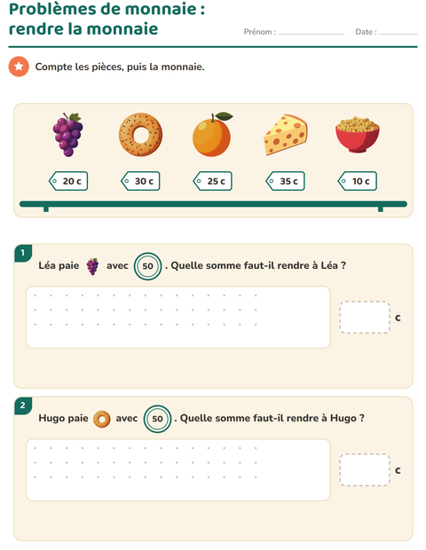 Aperçu de la fiche Compter la monnaie avec Petit-déjeuner pour CE1 (cours élémentaire 1)
