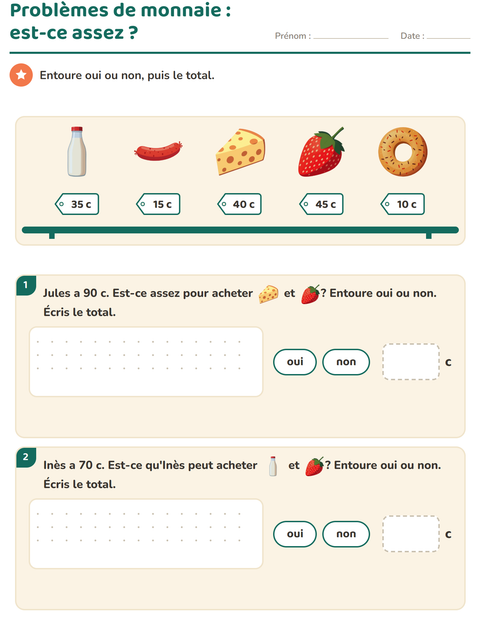 Aperçu de la fiche Compter la monnaie avec Petit-déjeuner pour CE1 (cours élémentaire 1)