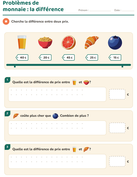 Aperçu de la fiche Compter la monnaie avec Petit-déjeuner pour CE1 (cours élémentaire 1)