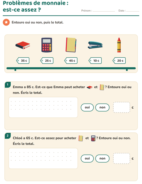 Aperçu de la fiche Compter la monnaie avec Salle de classe pour CE1 (cours élémentaire 1)
