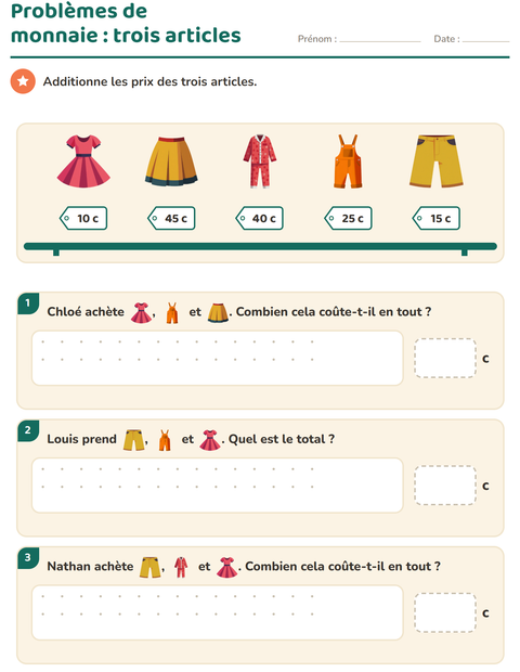Aperçu de la fiche Compter la monnaie avec Vêtements pour CE1 (cours élémentaire 1)