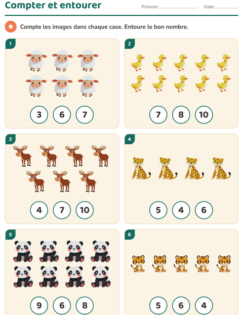 Aperçu de la fiche Compter des images avec Animaux pour École maternelle (grande section, 5-7 ans)