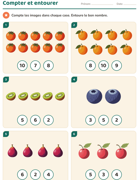 Aperçu de la fiche Compter des images avec Fruits pour École maternelle (grande section, 5-7 ans)