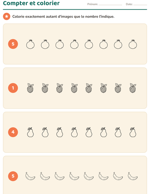 Aperçu de la fiche Compter des images avec Fruits pour École maternelle (grande section, 5-7 ans)