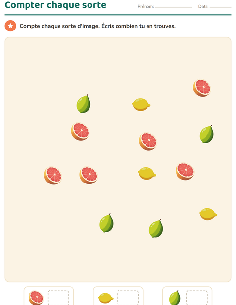 Aperçu de la fiche Compter des images avec Fruits pour École maternelle (grande section, 5-7 ans)