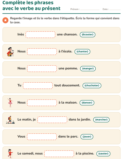 Aperçu de la fiche Conjugaison au présent pour CE1 (cours élémentaire 1)