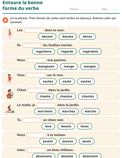 Aperçu de la fiche Conjugaison au présent pour CE1 (cours élémentaire 1)