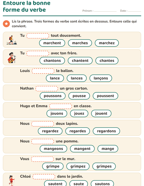 Aperçu de la fiche Conjugaison au présent pour CE1 (cours élémentaire 1)