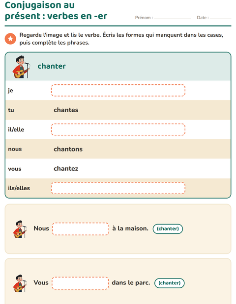 Aperçu de la fiche Conjugaison au présent pour CE1 (cours élémentaire 1)