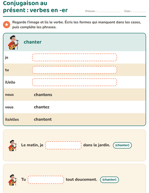 Aperçu de la fiche Conjugaison au présent pour CE1 (cours élémentaire 1)