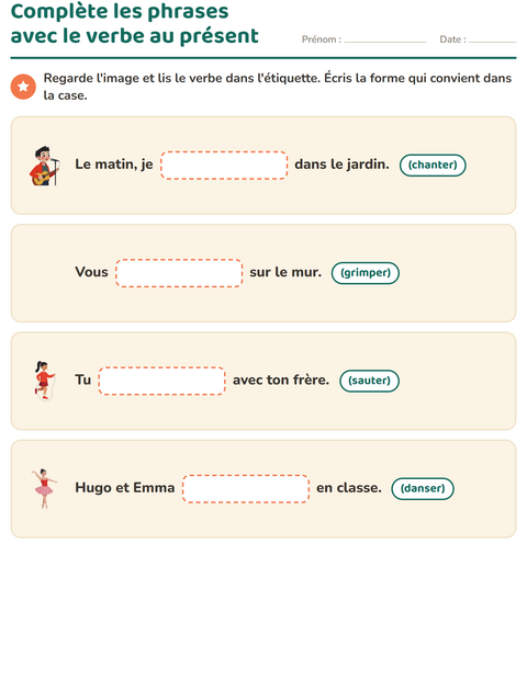 Aperçu de la fiche Conjugaison au présent pour CE1 (cours élémentaire 1)