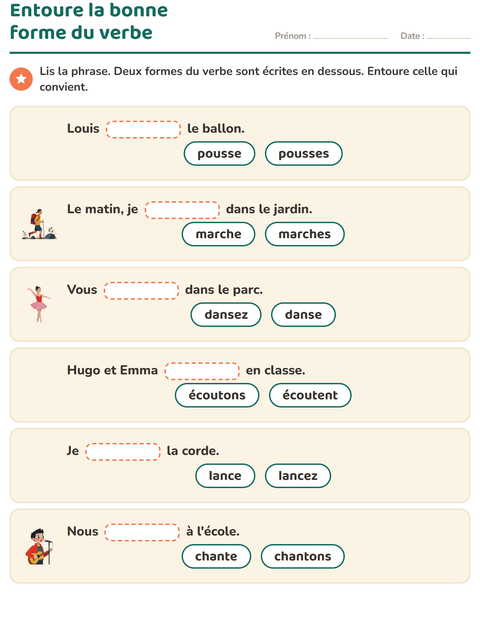 Aperçu de la fiche Conjugaison au présent pour CE1 (cours élémentaire 1)