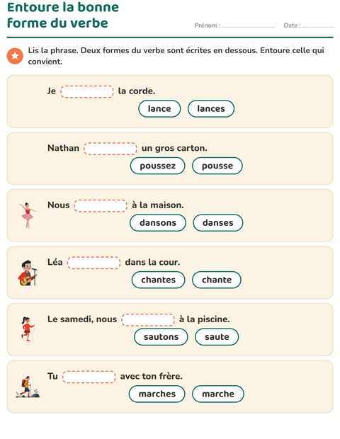 Aperçu de la fiche Conjugaison au présent pour CE1 (cours élémentaire 1)