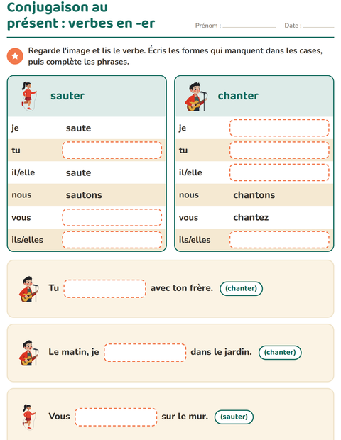 Aperçu de la fiche Conjugaison au présent pour CE1 (cours élémentaire 1)