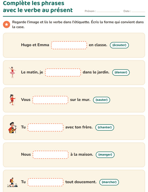 Aperçu de la fiche Conjugaison au présent pour CE1 (cours élémentaire 1)