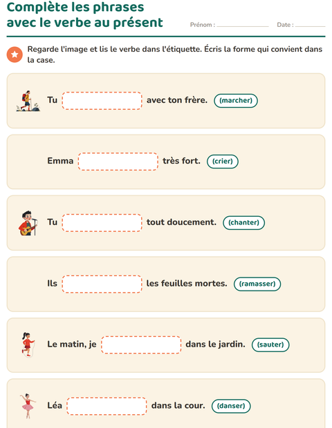 Aperçu de la fiche Conjugaison au présent pour CE1 (cours élémentaire 1)