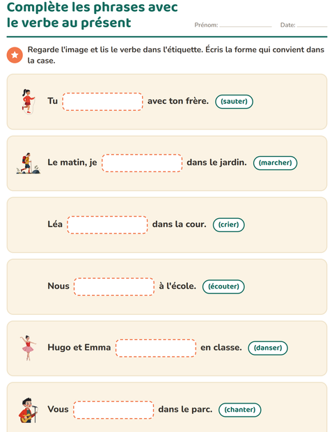 Aperçu de la fiche Conjugaison au présent pour CE1 (cours élémentaire 1)