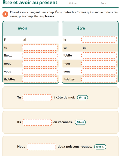 Aperçu de la fiche Conjugaison au présent pour CE1 (cours élémentaire 1)