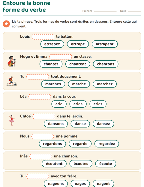 Aperçu de la fiche Conjugaison au présent pour CE1 (cours élémentaire 1)