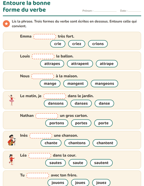 Aperçu de la fiche Conjugaison au présent pour CE1 (cours élémentaire 1)