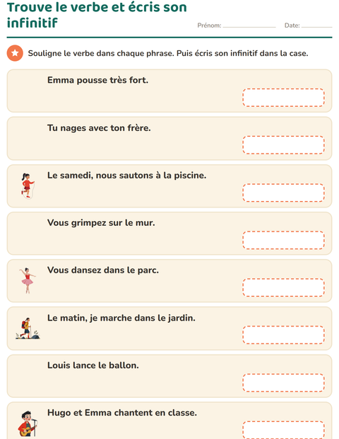 Aperçu : Trouve le verbe et écris son infinitif