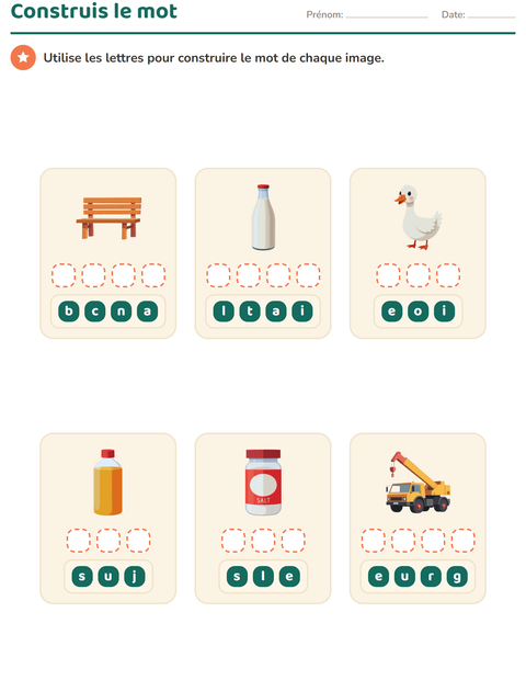 Aperçu de la fiche Construction de mots pour École maternelle (grande section, 5-7 ans)