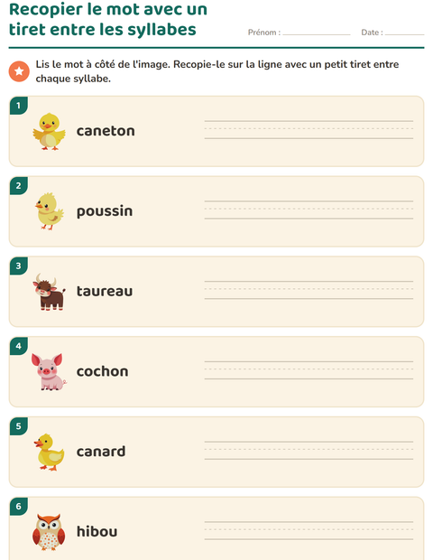 Aperçu de la fiche Découper en syllabes avec Animaux de la ferme pour CP (cours préparatoire)