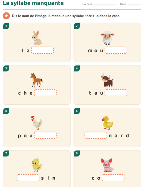 Aperçu de la fiche Découper en syllabes avec Animaux de la ferme pour CP (cours préparatoire)