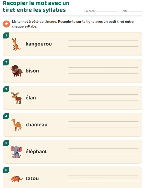 Recopier le mot avec un tiret entre les syllabes : kan-gou-rou