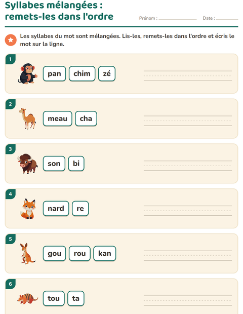 Aperçu de la fiche Découper en syllabes avec Animaux du zoo pour CP (cours préparatoire)