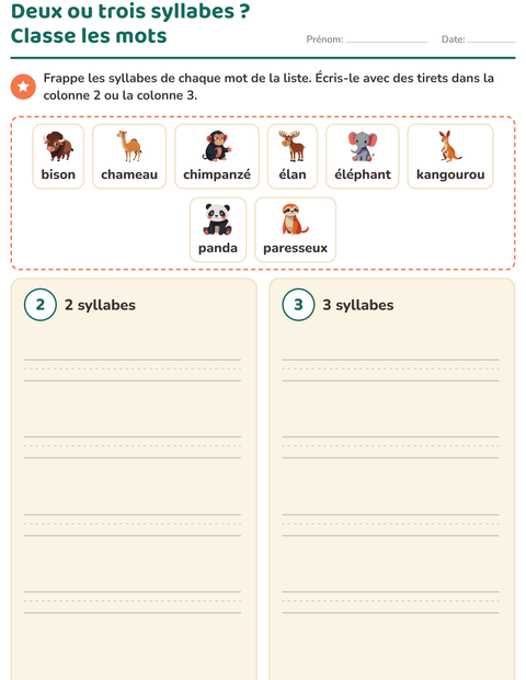 Deux ou trois syllabes ? Classer huit noms d'animaux du zoo
