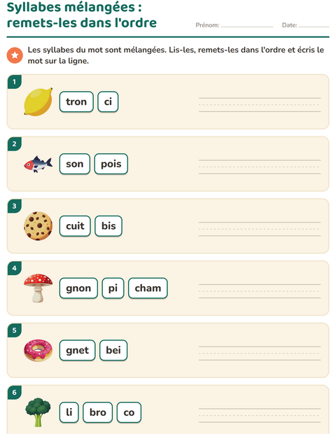 Syllabes mélangées : remettre les étiquettes dans l'ordre et écrire le mot