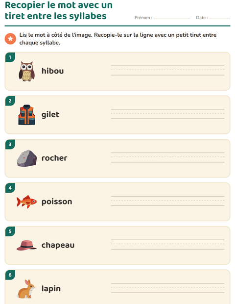 Aperçu de la fiche Découper en syllabes avec Camping pour CP (cours préparatoire)