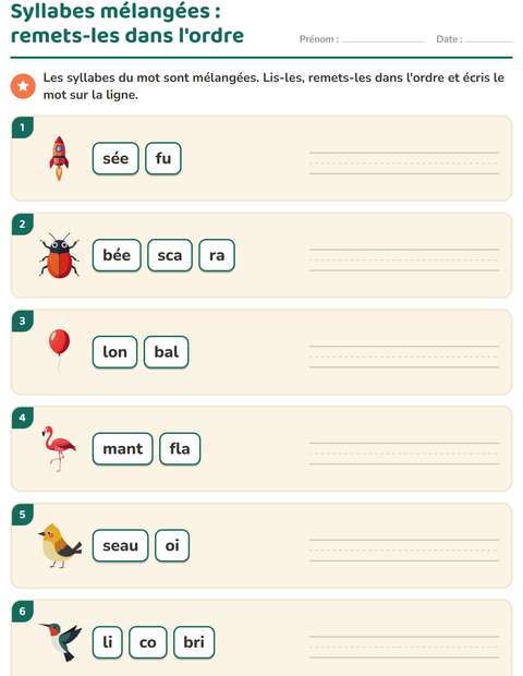 Aperçu de la fiche Découper en syllabes avec Choses qui volent pour CP (cours préparatoire)