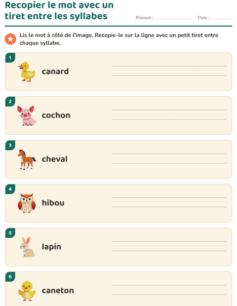 Aperçu de la fiche Découper en syllabes avec Animaux de la ferme pour CP (cours préparatoire)