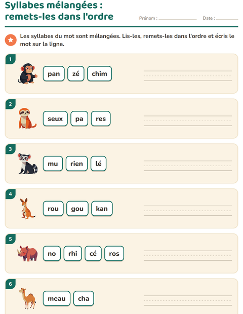 Aperçu de la fiche Découper en syllabes avec Animaux du zoo pour CP (cours préparatoire)