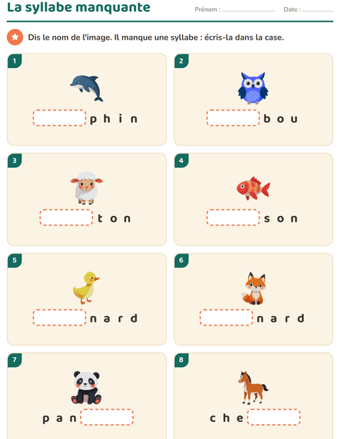 Aperçu de la fiche Découper en syllabes avec Animaux pour CP (cours préparatoire)