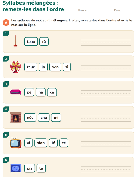 Aperçu de la fiche Découper en syllabes avec Autour de la maison pour CP (cours préparatoire)
