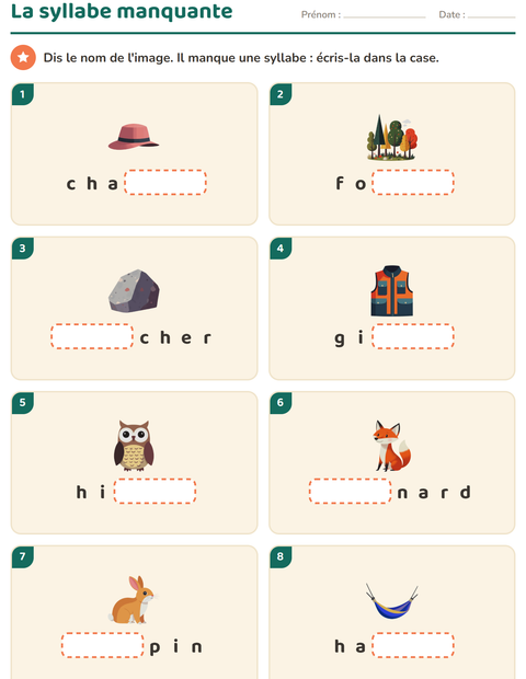 Aperçu de la fiche Découper en syllabes avec Camping pour CP (cours préparatoire)