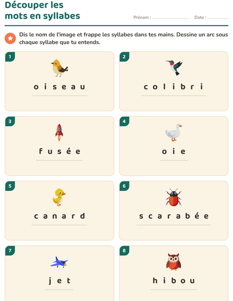 Aperçu de la fiche Découper en syllabes avec Choses qui volent pour CP (cours préparatoire)