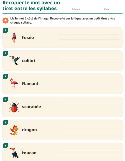 Aperçu de la fiche Découper en syllabes avec Choses qui volent pour CP (cours préparatoire)