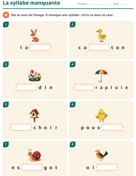 Aperçu de la fiche Découper en syllabes avec Printemps pour CP (cours préparatoire)