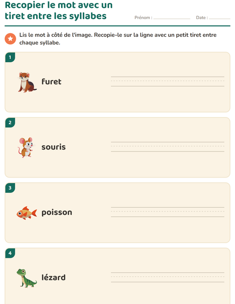 Aperçu de la fiche Découper en syllabes avec Animaux de compagnie pour CP (cours préparatoire)