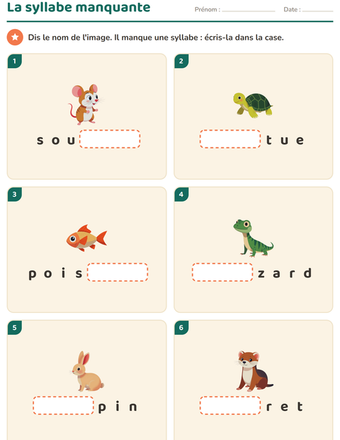 Aperçu de la fiche Découper en syllabes avec Animaux de compagnie pour CP (cours préparatoire)